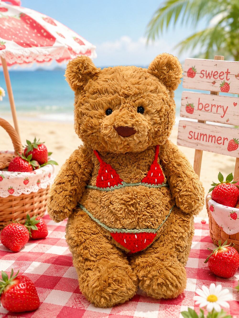 Medium/Large Bartholomew Bear Crochet Outfit – Red swimsuit bikini